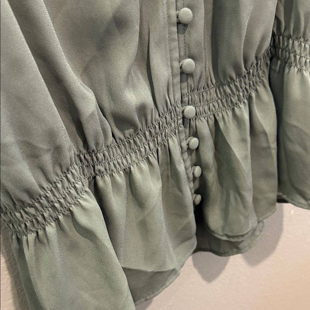 Express Olive Button-Down Ruffle Blouse - image 5